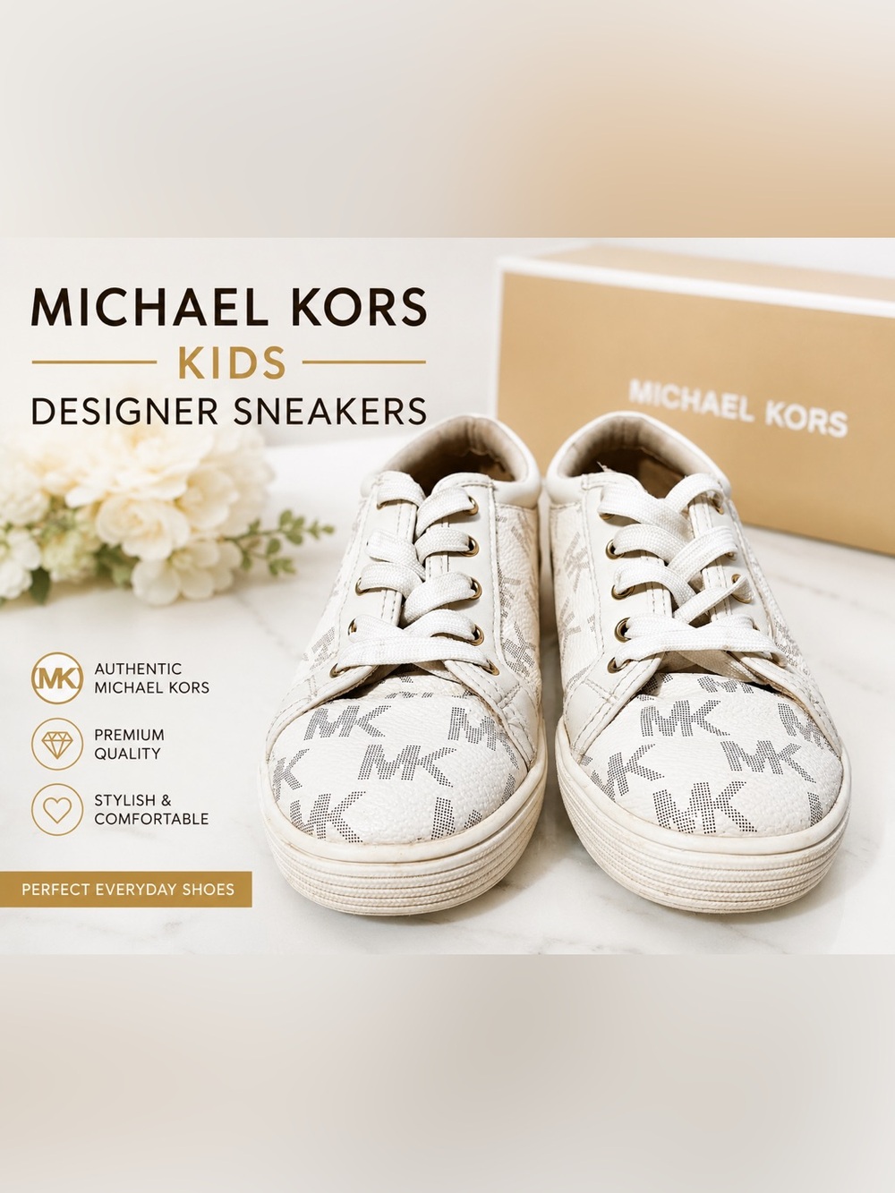 Michael Kors Kids White Logo Sneakers | Designer Lace-Up Shoes Size 1